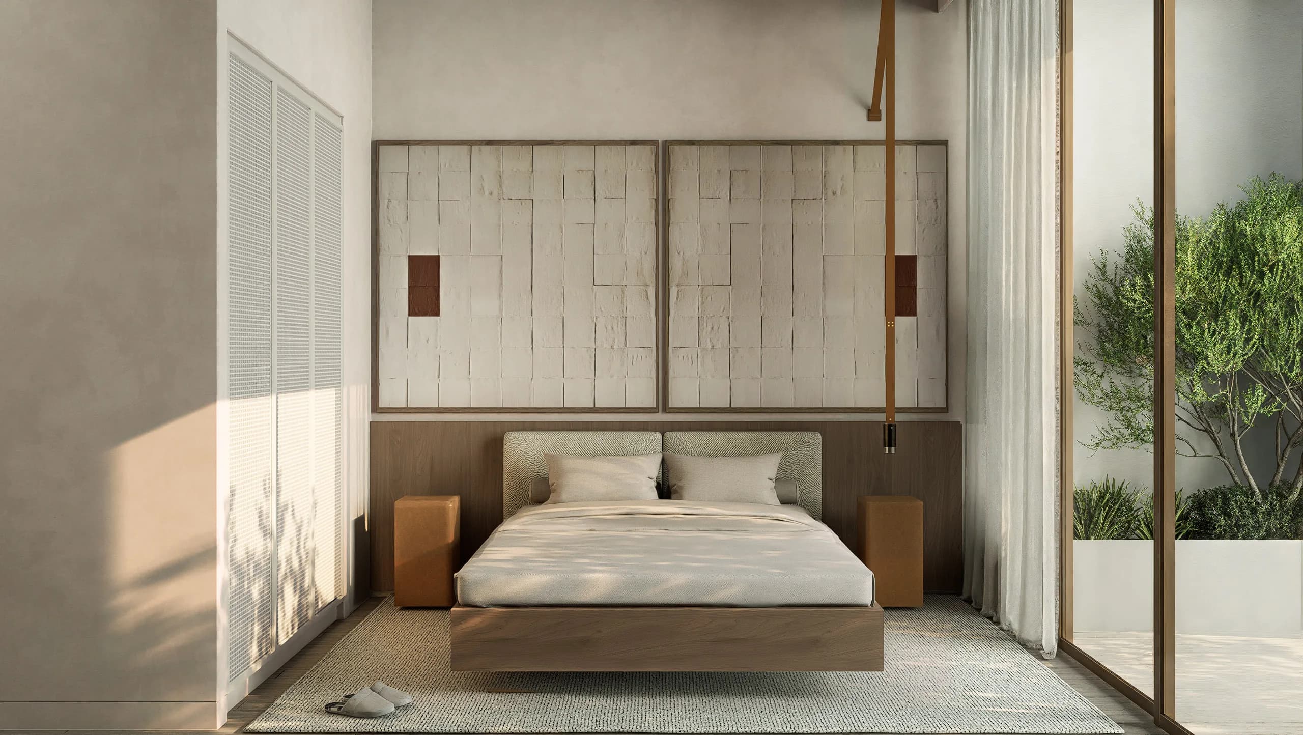Bedroom of a one-bed apartment, natural light