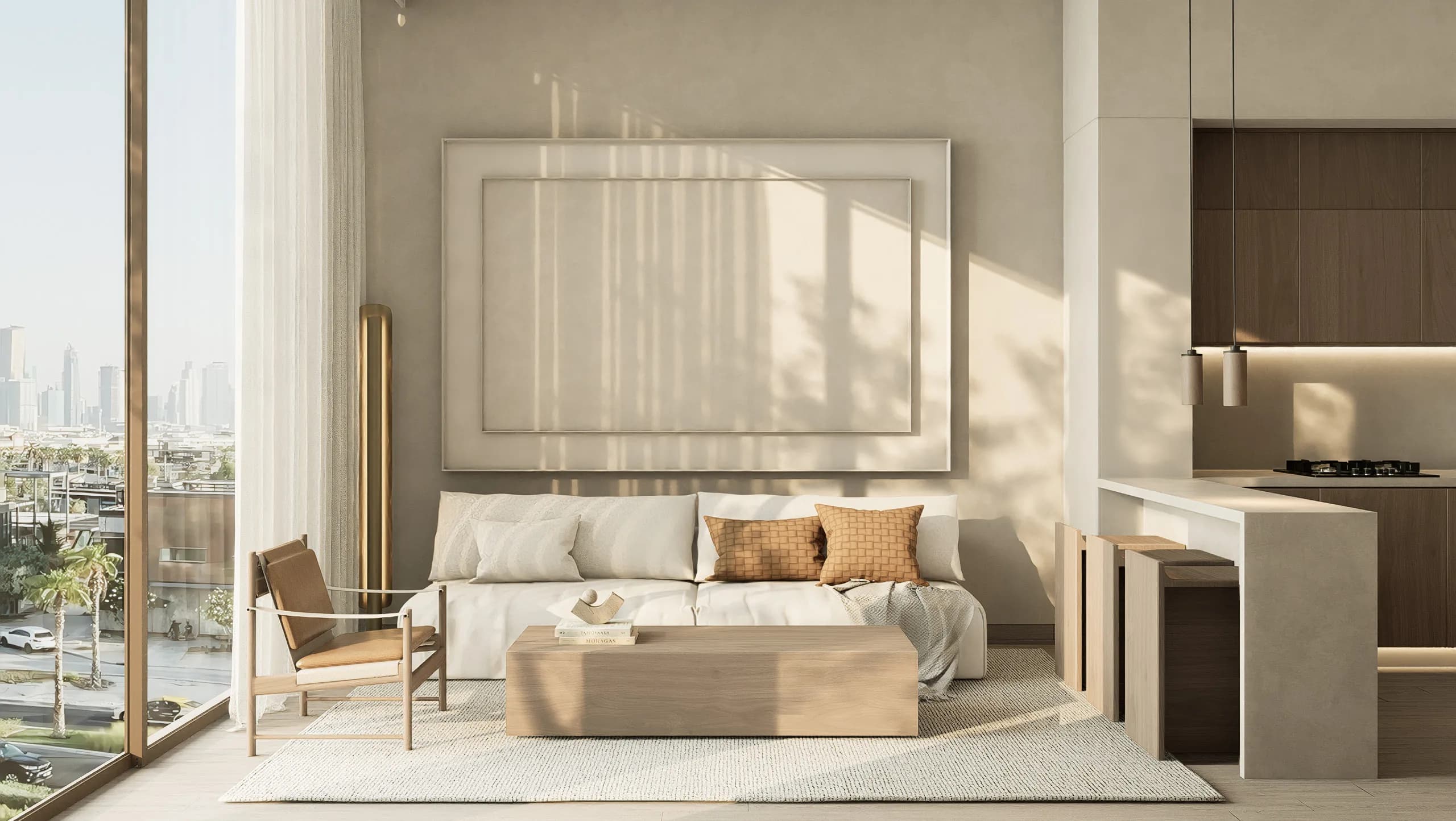 One-bedroom living room with floor-to-ceiling glass